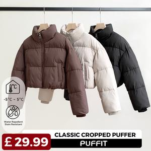 [Ships From UK] PUFFIT Womenswear Stand-up Collar Cropped Puffer Comfort Jacket,Ladies Long Sleeve Quilted Jacket with Pockets,Short Outwear Coat