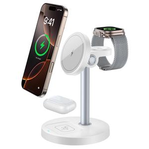 3-in-1 Magnetic Wireless Charger Stand, 15W Fast Charging Charger with Adjustable Angle & Heat Dissipation Vents for iPhone 12-16 Series, Watch, Earphones, Smart Watch Charger, Smart Charging Dock, Electronic Gadgets, White