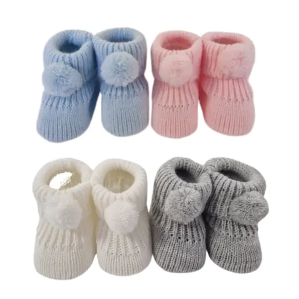 Knitted Baby Booties with Pom Poms - One Size (0-3 Months)