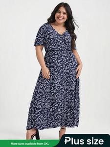 【plus Size】 Ditsy Floral Print Pocket Split Thigh A Line Dress, Casual Breathable Bohemian Fashion Style Flounce Sleeve V Neck High Waist Dress for Daily Holiday Vacation Wear, Women Plus Clothing for Summer, Womenswear, Lady