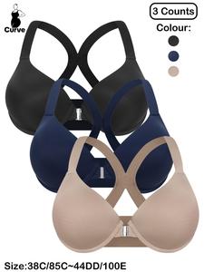 【Plus Size】 Solid Color Cut Out Back Push Up Bra, Breathable Buckle Front Underwire Bra for Daily Wear, Women's Lingerie for All Seasons