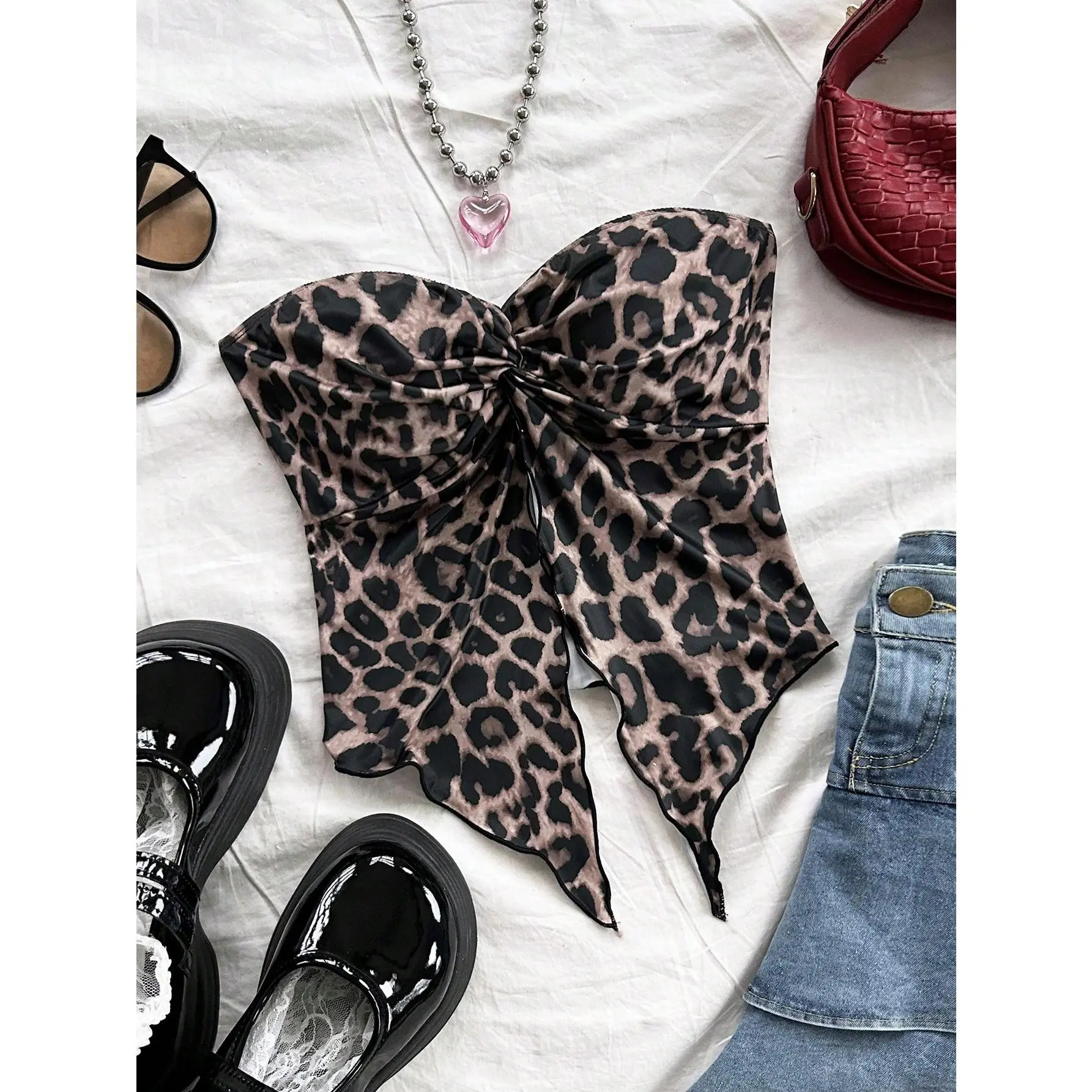 Women Leopard Print Bandeau Crop Top With Front Slit, Comfortable Fall Women Clothes,Halloween Customs Women