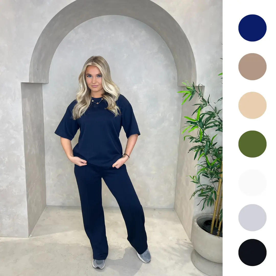 Round Neck Short Sleeve Top With Piped Wide Leg Trouser,Elastic Waist Fits A Size 6-16
