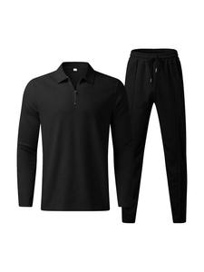 Men's Solid Half Zipper Collared Polo Shirt & Drawstring Pants Set, Casual Textured Long Sleeve Top & Trousers for Spring & Fall, Men's Two-Piece Outfits