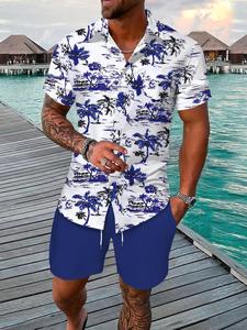 Two-Piece Set Men's Tropical Print Shirt & Shorts, Regular Fit Casual Short Sleeve Button Front Top & Shorts, Men's Summer for Beach Vacation, Clothing