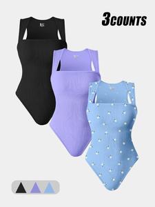 Women's Cherry Print Sports Bodysuit, Casual Sporty Sleeveless Bodycon Bodysuit for Yoga Gym Workout, Ladies Sportswear for Indoor Outdoor Wear, Workout Apparel