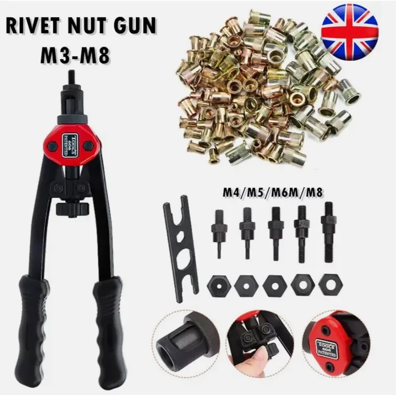 50Pcs Flat Head Riveting Nut Set With BT606 Hand Threaded Rivet Nut Gun Tool Kit