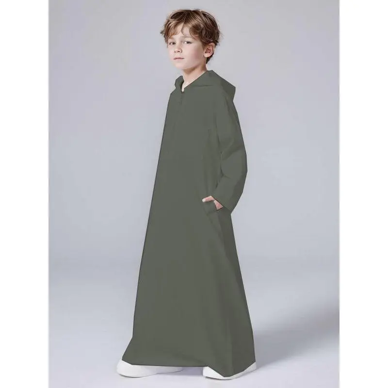 Boy's Solid Pocket Zipper Robe , Modest Hooded Long Sleeve Robe for Daily Wear, Kids Clothing for All Seasons 3