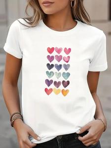 Women's Cartoon Heart Print Round Neck Tee, Fashion Casual Crew Neck Shortsleeve T-shirt for Daily Holiday Vacation Outdoor Wear, Ladies Clothes for All Seasons, Clothing, Womenswear, Funny Graphic Tees, Summer Funny Tshirt, Womens Clothes