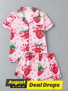 Women's Strawberry & Heart Print Lapel Neck Shirt & Shorts Pyjama Two-piece Set, Ladies Sleepwear for All Seasons, Loungewear, Cute Pajamas, Pajama Sets, Girl Pajama Pants, Womenswear, Matching Pj Set, Soft Lounge Sets, Summer Sleepwear