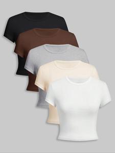 Women's 5 Counts Solid Round Neck Tee, Casual Short Sleeve Crew Neck T-shirt for Daily Wear, Ladies Clothes for All Seasons