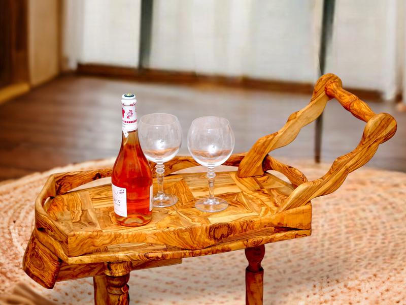 Olive Wood Display Cart, Wooden wine cart, Beautiful bar cart, artisanal cart, handmade, home decor, gift 1