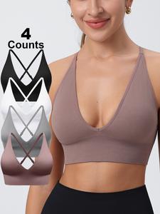 Women's Solid Criss Cross Backless Padded Sports Bra, Pickleball & Tennis Clothes, Adjustable Strap Sports Bra, Ladies Sportswear for Indoor Outdoor Wear, Strappy Workout Bra, Gift for Halloween/Christmas