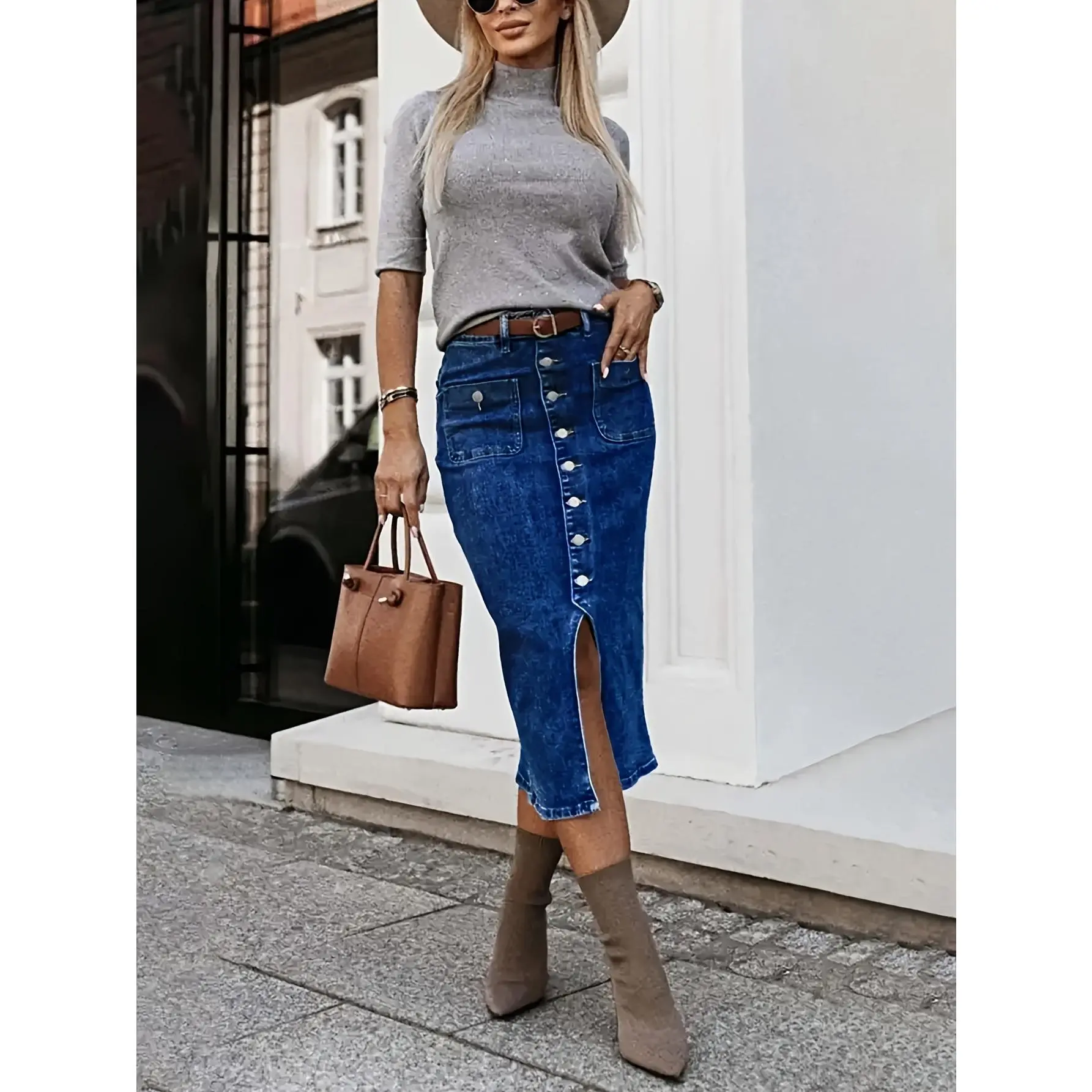 Women's Light Blue Stretch Denim Midi Skirt - Casual, Comfortable, Machine Washable, Button Closure and Zipper Fly Womenswear Bottom