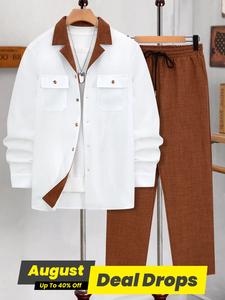 Men's Solid Button Front Shirt & Drawstring Waist Pants Set, Regular Fit Long Sleeve Lapel Neckline Top & Pocket Trousers, Casual Fashion Cozy Breathable Men Two-piece Outfits Clothes for Fall & Winter, Brown