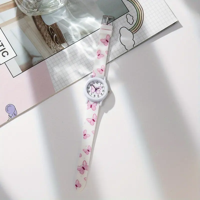 Chic White Butterfly Quartz Watch - Cute Pink Butterfly Design, Round Dial, PVC Strap, Non-Waterproof, Battery Operated, Resin Case, Perfect for Casual Wear 5