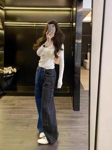 【 Advanced yet age reducing, this pair of jeans is loved by women aged 18-35 】 Wide leg jeans for women in the spring and summer of 2025, with a niche design and spliced straight leg pants