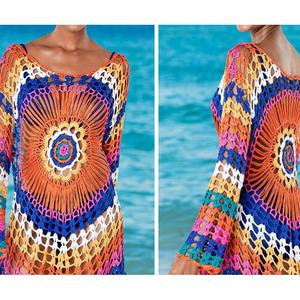 Vacation Style Handmade Crochet Rainbow Long Sleeve Beach Cover-Up Hollow Loose Bikini Swimsuit Cover-Up trending long  sleeve  top