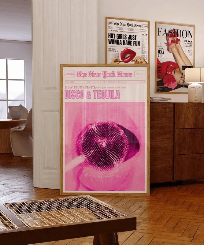 Pink Aesthetic Newspaper, Disco Wall Art, Funky Wall Art, Pink Art, Disco Ball Print, Girly Print, Retro Print, Preppy Posters Newspaper 0