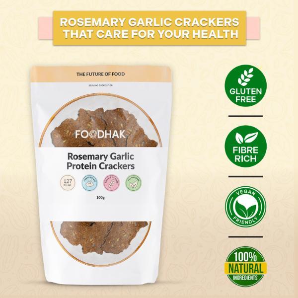 FOODHAKS Rosemary and Garlic Protein Crackers (100 g) - Plant Based Low Carb Crackers, High-Protein, Oven-Baked Rich Fibre, Gluten-Free Healthy Snacks with Chia, Pumpkin and Sunflower Seeds 5