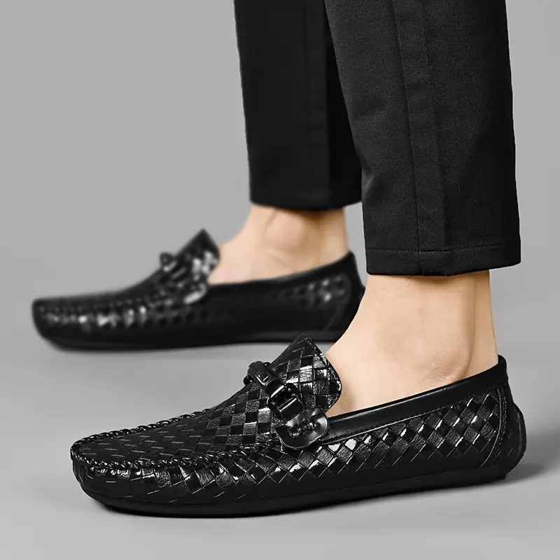 [Breathable Summer] Men's Black Slip-On Loafers | Breathable | Lightweight Rubber Sole | Summer Casual | Diamond Pattern & Bowknot Design 1
