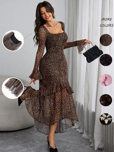 Women's Leopard Print Ruffle Trim Dress, Elegant Fashion Casual Square Neck Long Sleeve Dress for Daily Outdoor Wear, Women Dress for All Seasons, Milkmaid Dress
