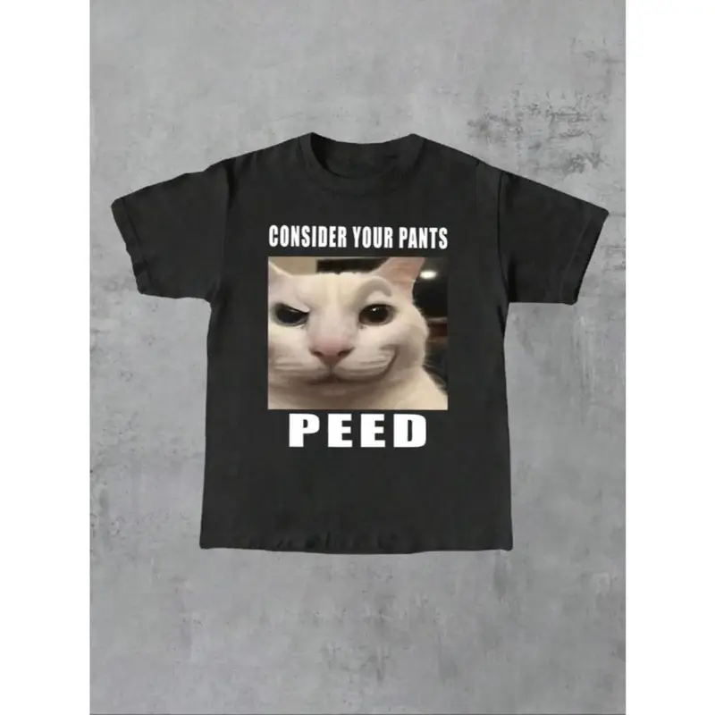 Men's Regular Fit Letter & Cat Print Round Neck Tee, Street Fashion Casual Short Sleeve T-shirt for Daily Wear, Menswear for Summer 0