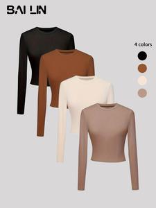 Women's Plain Round Neck Long Sleeve Tee, T Shirts for Women, Solid Color Casual Tight Sleeve Ribbed T-Shirt for Spring & Fall, Women's Top for Daily Wear