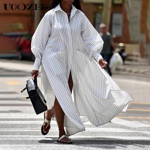 Long Sleeves Loose Buttoned Split-Side Striped Lapel Maxi Dresses Shirt Dress