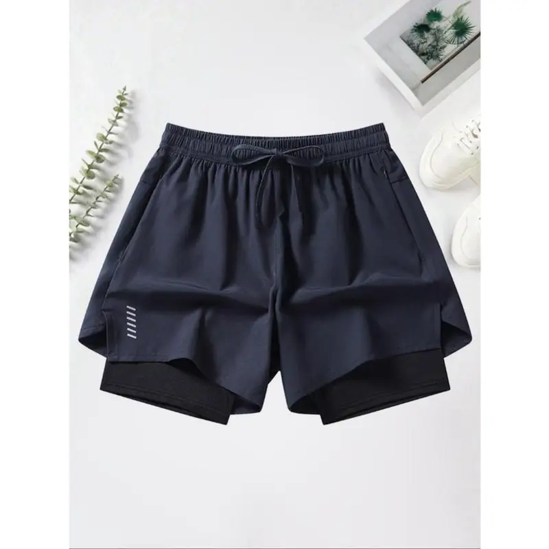 Men's 2 in 1 Solid Drawstring Waist Zip Pocket Athletic Shorts with Liner, National Day Clothing, Casual Quick Dry Sports Running Gym Shorts for Summer, Shorts for Men 2