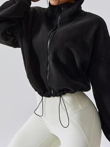 Women's Loose Solid Drawstring Zip Up Crop Fleece Jacket, Casual Funnel Neck Long Sleeve Funnel Neck Outerwear for Fall & Winter, Women's Clothes for Daily Wear