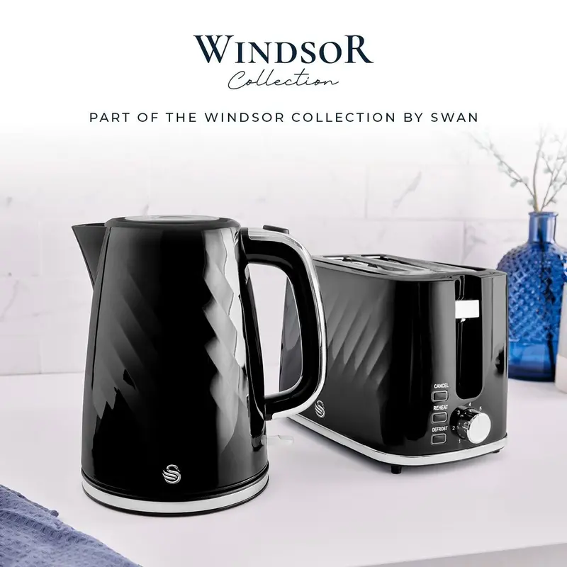 Swan Windsor Black 1.7L 3KW Kettle, 2 Slice Toaster & 800W 20L Digital Microwave Matching Set 1
