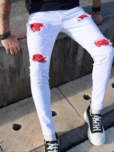 Men's Colorblock Patch Ripped Slim Jeans, Casual Comfy Breathable Denim Trousers for Daily Wear, Fashion Men's Bottoms for All Seasons, Cotton