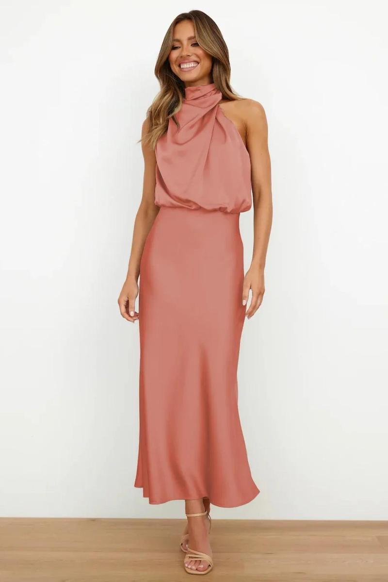 Product Introduction of 2025 Spring/Summer Long Dress for Women High Waist Halter Satin Sleeveless Dress Fashion Elegant Solid Evening Party Dresses 4