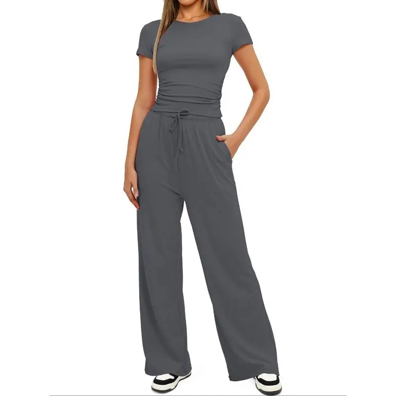 Women's Solid Crop Top & Drawstring Wide Leg Pants Loungewear Two-piece Set, Casual Comfy Round Neck Short Sleeve Top & Trousers PJ Set, Ladies Sleepwear for All Seasons, Pajamas 7