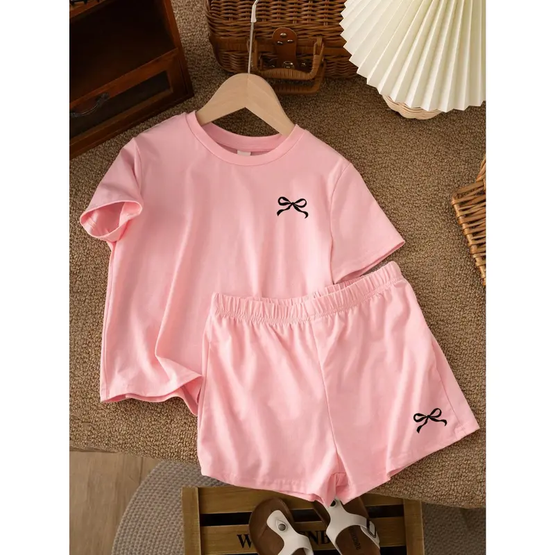 2pcs Tween Girls Casual Minimalist Bow Decor Short Sleeve Top And Shorts Set, Summer Outfit 2