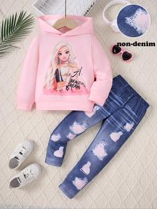 Two-Piece Set Girl's Cartoon Figure Print Sweatshirt & Denim-Effect Print Leggings Set, Casual Fashion Long Sleeve Hooded Pullover & Skinny Pants for Daily Outdoor Wear, Girls Two-piece Outfits for Fall & Winter