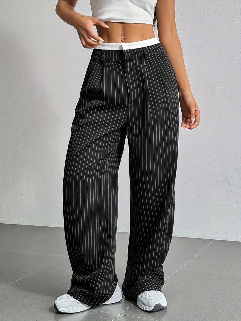 Product Introduction of Women's High-Waist Striped Wide-Leg Blazer Pants - Navy Blue & White Vertical Stripes, Polyester, Casual Style, Machine Washable, Spring/Summer/Fall Wear, Versatile Legwear | Wideleg Design | Glossy Texture, Wide Leg Pants 5