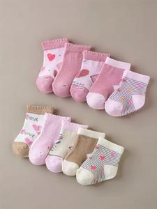 Cute Baby Girl's Heart & Striped Print Non-slip Socks, Breathable Comfortable Socks for Infant Toddler, Newborn Baby Socks, Soft Comfy Socks