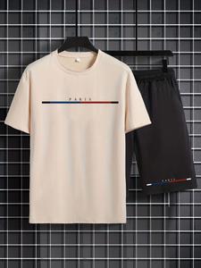 2 Counts Men's Letter Graphic Two-Piece Set, Casual Round Neck Tee & Drawstring Shorts, Summer Outfits 2024, Emo Outfits, Summer Trendy Men's Clothing