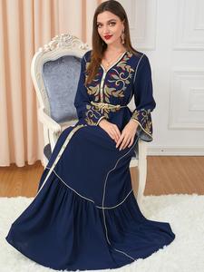 Arabic Clothing-Flounce Sleeve Belted Dress, Pakistani Suits, Modest Button Front Ruffle Hem Arabian Dress, Pakistani Outfits, Middle East Clothes