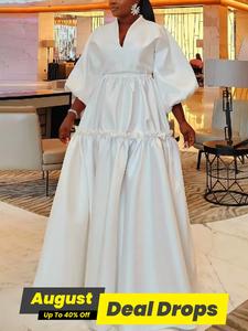 Women's Plain Frill Trim Vneck A Line Dress, Elegant Chic Loose Fitted Bishop Sleeve Maxi Dress for Party Holiday Guest, Ladies Clothes for All Seasons, Summer Formal Dresses 2025, Womenswear, Wedding Guest Gown, Elegant Classy Flattering