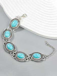 Boho Style Turquoise Texture Decor Link Bracelet, Vintage Style Bracelet for Women & Girls, Fashion Jewelry for Party, Daily Decor, Trendy All-match & Exquisite Jewelry for Birthday Gift