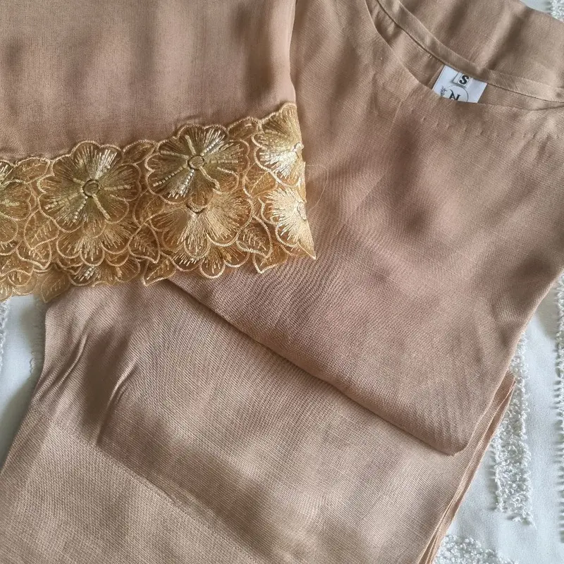 KHAKI CREPE FARSHI SHALWAR SUIT WITH EMBROIDERY CHIFFON DUPATTA 7