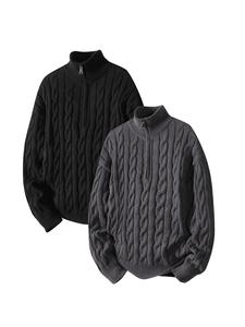 Men's Solid Cable Knit Pullover Sweater, Casual Regular Fit Long Sleeve Stand Collar Jumper for Fall & Winter, Men's Knitwear for Daily Wear