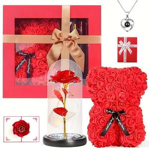 Rose Gift Box Set, 1 Set Including Heart Shaped Necklace, Artificial Rose Bear, Eternal Flower Rose Lamp, Gift Box for Girlfriend, Wife, Mother and Daughter, Valentine's Day Gift Idea