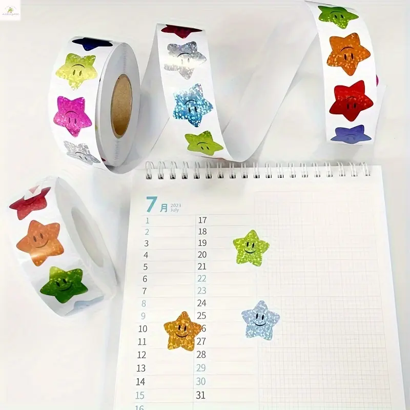 ANIELGARD   500 Self-adhesive Star Happy Face Stickers per Roll, 2.5 Cm, Reward Chart Decorative Label 0