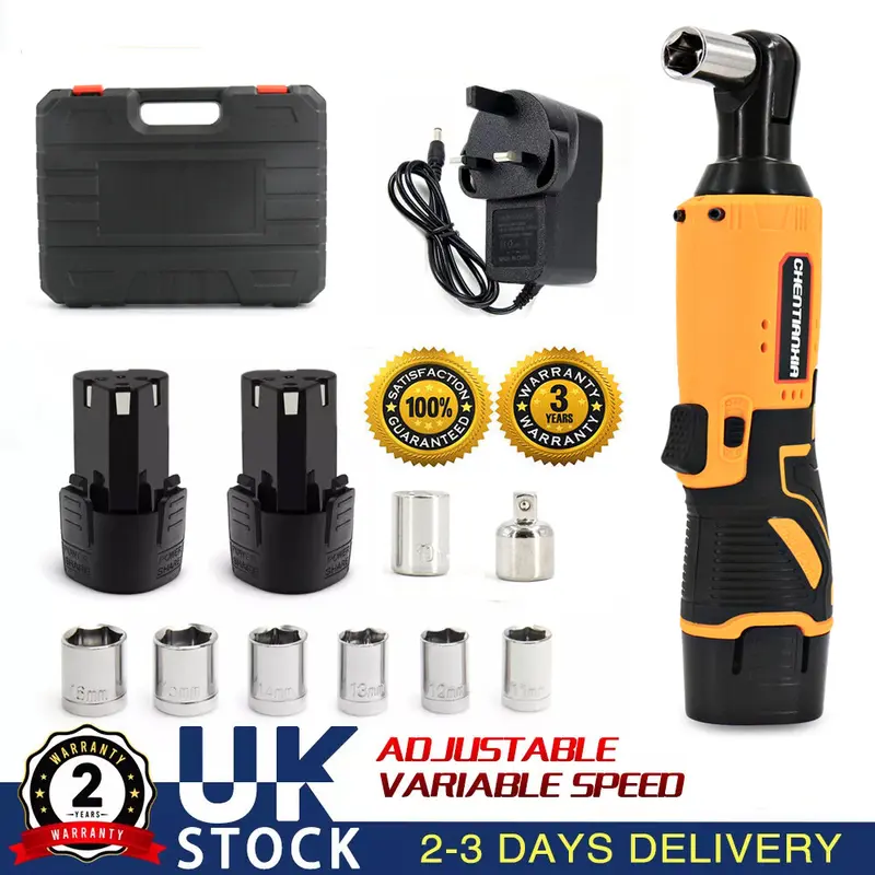 380Nm Electric Cordless Right Ratchet 3/8'' 90 Angle Wrench Power 2 Battery Kit  UK 2