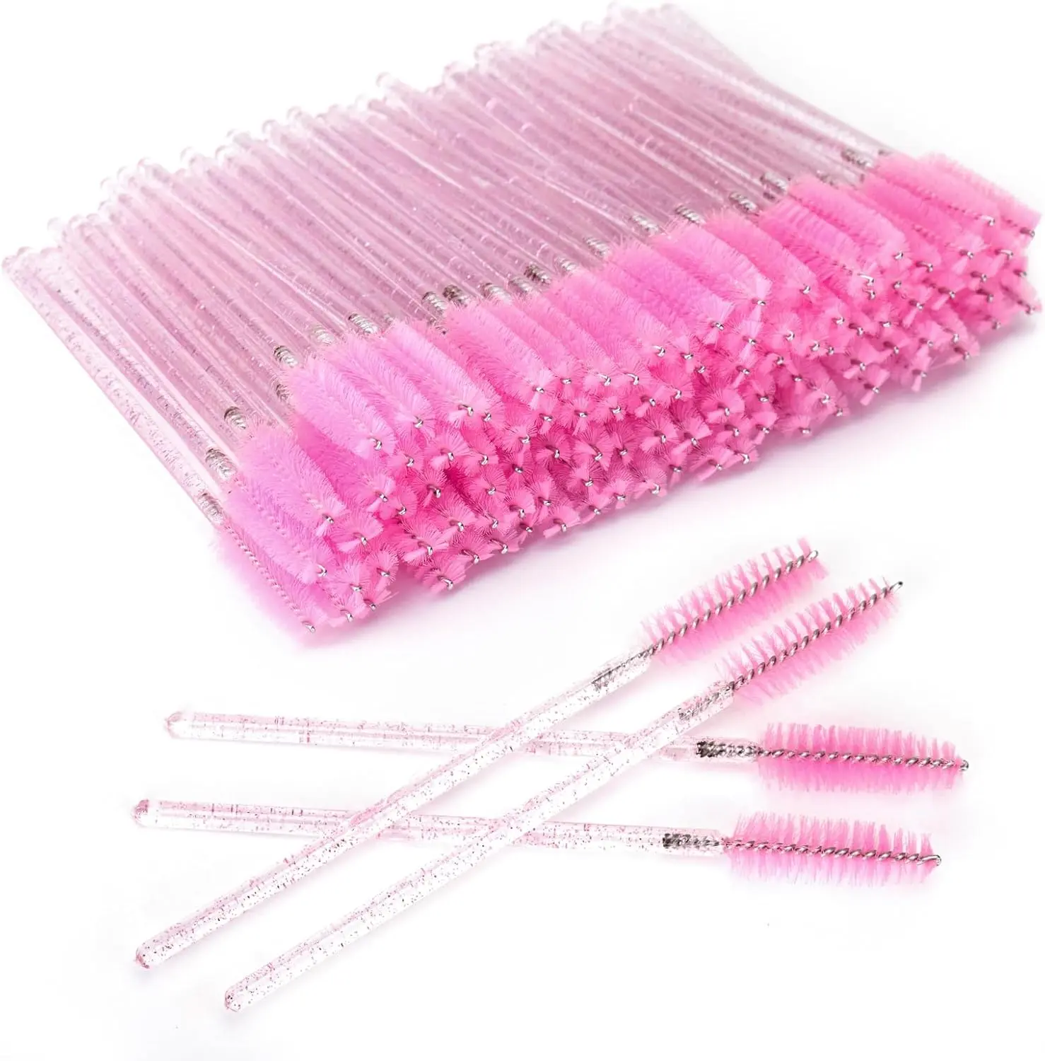 G2PLUS 100 PCS Disposable Eyelash Brushes,Pink Eyelash Spoolies, Pink Crystal Mascara Wands, Eyelash Extension Brush Applicator