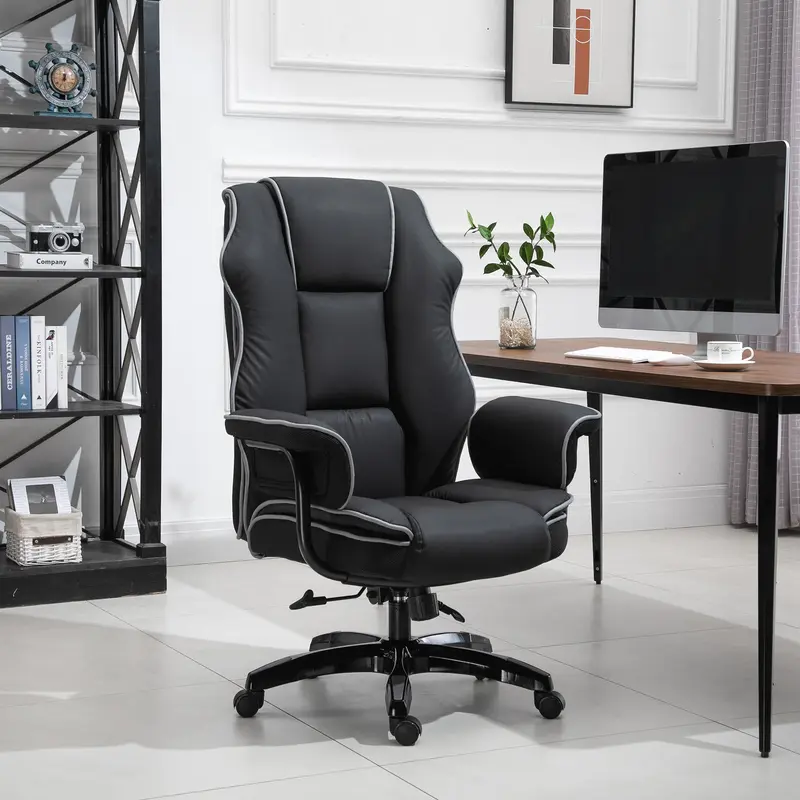 Vinsetto Piped PU Leather Padded High-Back Computer Office Gaming Chair Swivel Desk Seat Ergonomic Recliner w/ Armrests Adjustable Seat Height Black 1